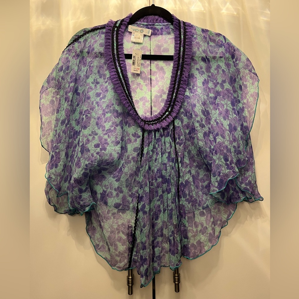 NWT Poupette St. Barth 100% Silk Sheer Fringe V-Neck Top Coverup One Size